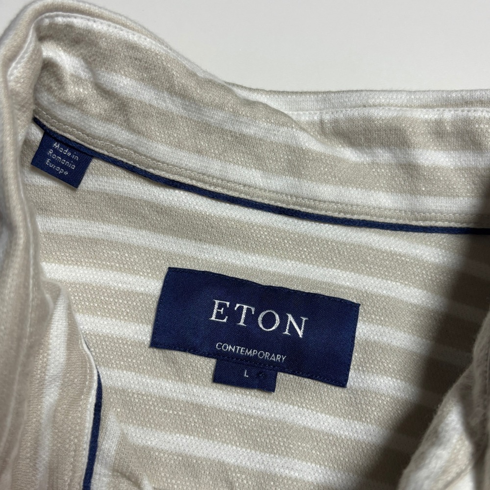 Eton Contemporary Linen Blend Pique Polo Shirt Mens L Tan White Striped - Picture 6 of 7